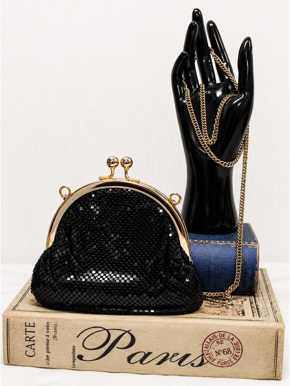 Whiting & Davis Black Metal Mesh Kiss Lock Chain Evening Bag Purse